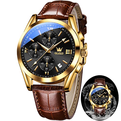 OLEVS Mens Watches Leather Band Luxury Dress Chronograph Watch Casual Waterproof Black and Gold Watches for Men Relojes para Hombres