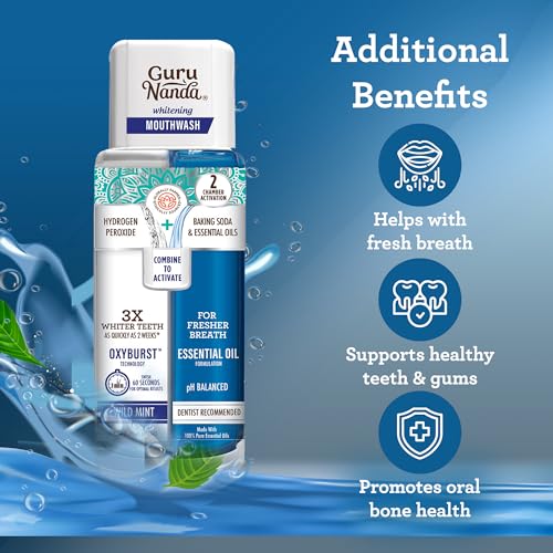 GuruNanda Dual Barrel Oxyburst Whitening Mouthwash - Contains Hydrogen Peroxide to Promote Whiter Teeth - Alcohol & Fluoride Free Rinse with 100% Natural Essential Oils, Wild Mint Flavor - 20 Fl Oz