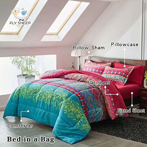 Flysheep Boho Bed in a Bag 7 Pieces Queen Size, Colorful Bohemian Tribal Pink n Blue Floral Printed Reversible Comforter Set (1 Comforter, 1 Flat Sheet, 1 Fitted Sheet, 2 Pillow Shams, 2 Pillowcases)