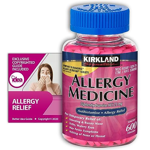 Kirkland Signature Allergy Medicine 25 mg, 600 Ct Bundle with Exclusive "Allergy Relief" - Better Idea Guide (2 Items)