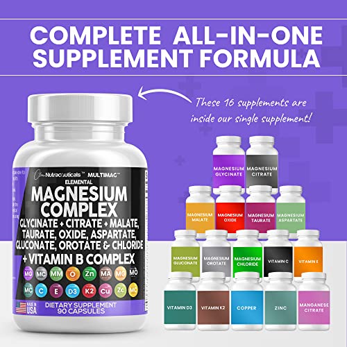 Magnesium Complex 2285mg with Glycinate Citrate Malate Oxide Taurate Aspartate Gluconate Orotate & Mag Chloride, Zinc Copper Manganese Vitamin C B1 B2 B6 B12 - 90 Count Made in USA