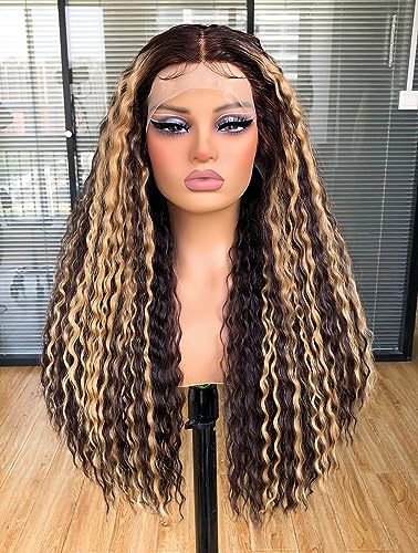Annivia 26Inch Curly Lace Front Wigs,Honey Blonde Highlights Deep Wave Lace Front wig for Black Women,HD Glueless Lace Wigs Pre Plucked Afro Kinky Curly Synthetic Lace Frontal Wigs