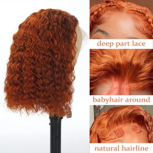 UKASI Ginger Bob Wig 13x4 HD Lace Frontal Wigs Human Hair Deep Wave Lace Front Wig For Women 180% Density 100% Human Hair Pre Plucked with Baby Hair Ginger Bob Front Human Hair Wig 10 Inch