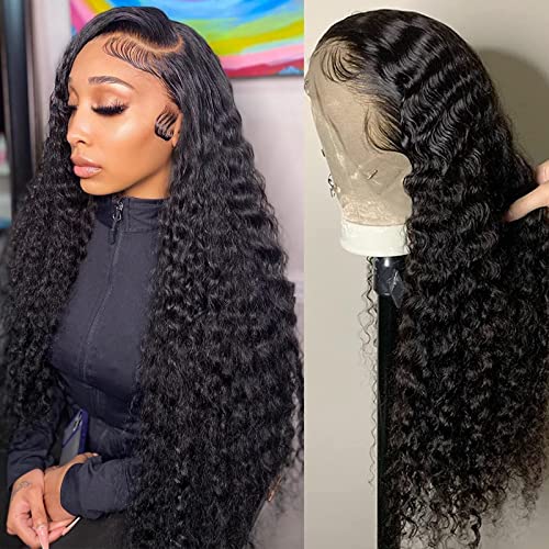 Deep Wave Lace Front Wigs Human Hair 13X4 HD Transparent Deep Curly Human Hair Lace Front Wigs for Women 180% Density Glueless Lace Frontal Wigs Human Hair Pre Plucked with Baby Hair (28 Inch)