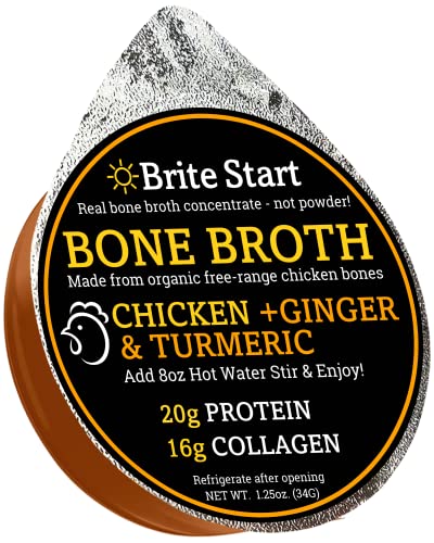 Brite Start Bone Broth - Chicken + Ginger & Turmeric - 12 Count - Keto Friendly Concentrate with 16g Collagen, 20g Paleo Protein - Made from Organic Free Range Chicken Bones - Single Serve Packets
