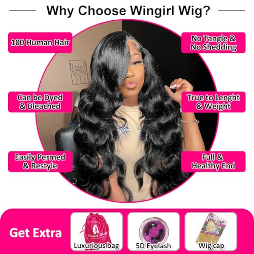 Wingirl 220 Density HD Lace Front Wigs Human Hair Pre Plucked 13x4 Transparent Body Wave Lace Frontal Wig with Baby Hair 12A Glueless Human Hair Wigs for Women Black Color 24 Inch