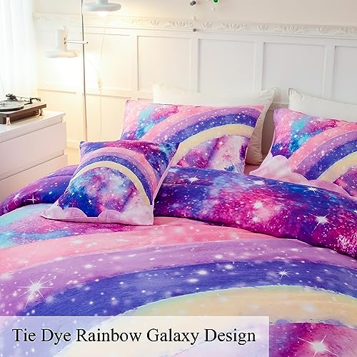 ANGIYUIN 6 Pcs Tie Dye Pink Twin Comforter Set for Girls, 3D Rainbow Galaxy Gradient Themed Bed in A Bag, Pastle Nebula Kids Bedding Set with Sheets, Comforter and Pillowcases for All Season