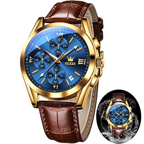 OLEVS Mens Watches Leather Band Luxury Dress Chronograph Watch Casual Waterproof Gold and White Watches for Men Relojes para Hombres