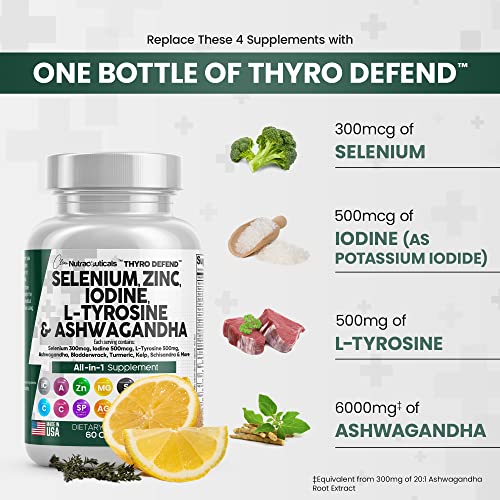 Selenium 300mcg Zinc 50mg Iodine 500mcg L Tyrosine 500mg Ashwagandha 6000mg - Thyroid Support Supplement for Women and Men with Bladderwrack, Turmeric, Kelp, Schisandra - Made in USA 60 Caps