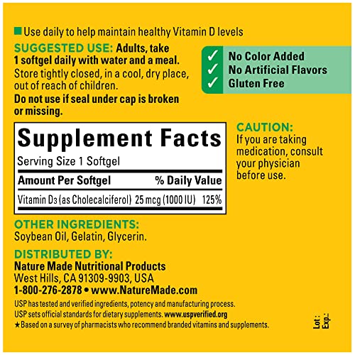 Nature Made Vitamin D3 1000 IU (25 mcg) Softgel, Dietary Supplement for Bone, Teeth, Muscle and Immune Health Support, 300 Day Supply,300 Count (Pack of 1)