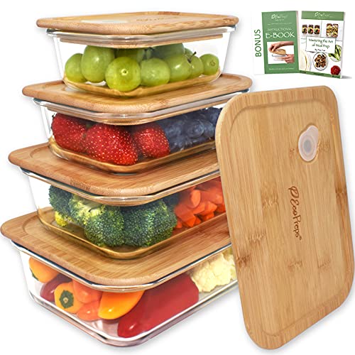 EcoPreps Glass Food Storage Containers with Bamboo Lids【4 Pack】100% Plastic Free, Eco-Friendly, Oven & Microwave Safe Glass Meal Prep Containers, Glass Lunch Containers | Bamboo Lid Storage Containers