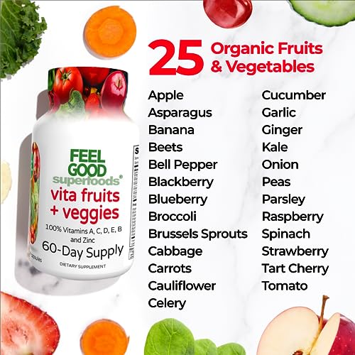 FeelGood Superfoods Vita Fruits and Veggies Dietary Supplement Capsules Made from 25 Superfood Ingredients, Fruit and Vegetable Multivitamin, 60 Count