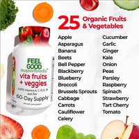 FeelGood Superfoods Vita Fruits and Veggies Dietary Supplement Capsules Made from 25 Superfood Ingredients, Fruit and Vegetable Multivitamin, 60 Count