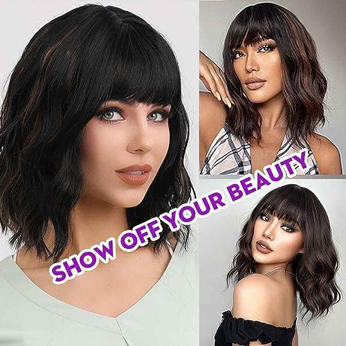 Elfairy Short Wig with Bangs for Women Black Mixed Brown Highlights Wig Natural Looking Synthetic Hair Replacement Wig(12'' Brown Highlights Wig)