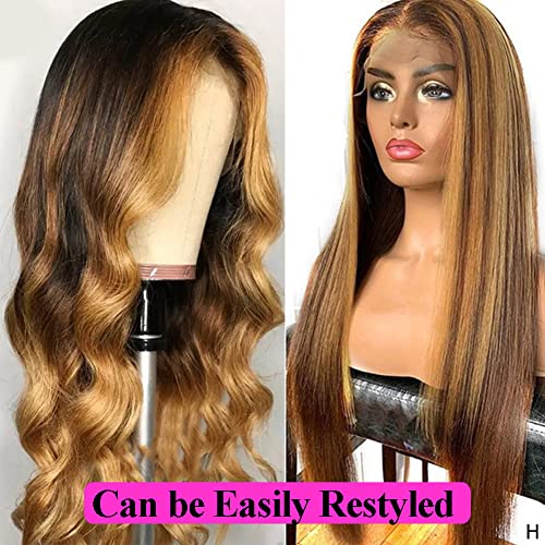 Healthair Highlight 13x4 HD 4/27 Honey Blonde lace frontal Wigs with Baby Hair Ombre Lace Front Wig Human Hair Pre Plucked 180% Density Colored Straight Lace Front Wigs for Black Women 20 Inch