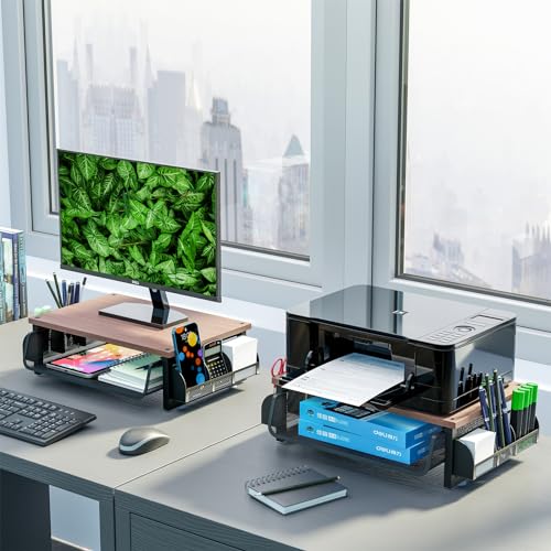 Simple Trending Metal Monitor Stand Riser with Drawer, Wood Desk Computer Organizer with Side Storage for Laptop and Printer,