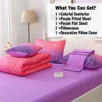 JQinHome Twin Pink Purple Comforter Set, 6 Piece Bed in A Bag 3D Colorful Bedding Set for Girls Kids (1 Comforter,2 Pillowcases,1 Flat Sheet,1 Fitted Sheet,1 Cushion Cover)(Pink Purple)