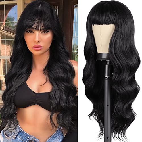 SOUTHEARTH Black Wig with Bangs, Long Wavy Wigs for Women Synthetic Curly Wigs with Bangs Hair Replacement Wigs for Daily Party Use 24inches