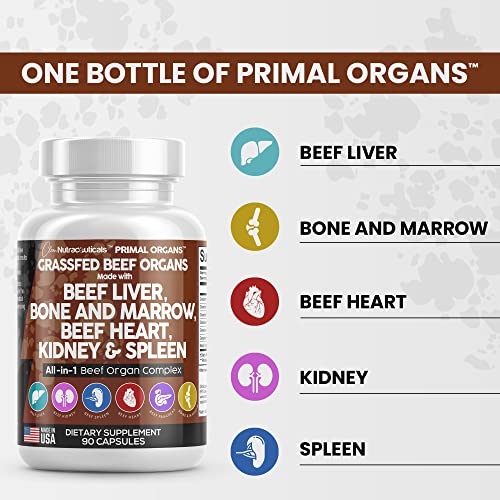 Grass Fed Beef Liver Capsules 3000mg - Premium Quality Beef Organs Supplement Packed with Desiccated Beef Liver, Beef Heart, Beef Spleen, Beef Pancreas Plus Bone and Marrow Dao Enzyme Pills - USA Made