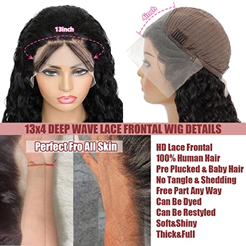 TopeosIo Deep Wave Lace Front Wigs Human Hair Wigs for Women 13x4 HD Transparent Deep Curly Lace Frontal Glueless Wigs Human Hair Pre Plucked With Baby Hair 150% Density Natural Color 24 Inch