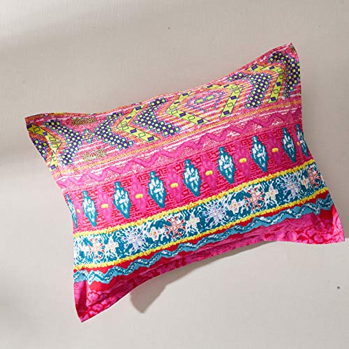 Flysheep Boho Bed in a Bag 7 Pieces Queen Size, Colorful Bohemian Tribal Pink n Blue Floral Printed Reversible Comforter Set (1 Comforter, 1 Flat Sheet, 1 Fitted Sheet, 2 Pillow Shams, 2 Pillowcases)