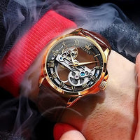 OLEVS Skeleton Watches for Men Automatic Self Winding Mechanical Luxury Dress Brown Leather Waterproof Luminous Men Wrist Watch