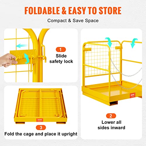 VEVOR Forklift Safety Cage, Forklift Man Basket 1200lbs Capacity, 36'' x 36'' Foldable Forklift Work Platform for 1-2 People with Double-Chain Guardrail & Drain Hole, Perfect for Aerial Work