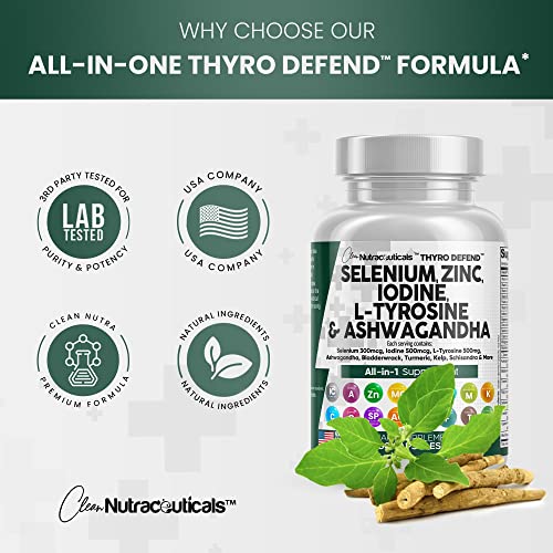 Selenium 300mcg Zinc 50mg Iodine 500mcg L Tyrosine 500mg Ashwagandha 6000mg - Thyroid Support Supplement for Women and Men with Bladderwrack, Turmeric, Kelp, Schisandra - Made in USA 60 Caps