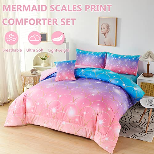 PERFEMET Purple Mermaid Comforter Set Twin 6 Pieces Rainbow Glitter Girls Bedding Set Colorful Ombre Bed in A Bag for Kids Teens Adults (Purple Pink, Twin Size)