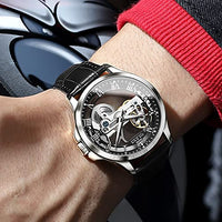 OLEVS Skeleton Watches for Men Automatic Self Winding Mechanical Luxury Dress Black Leather Waterproof Luminous Men Wrist Watch