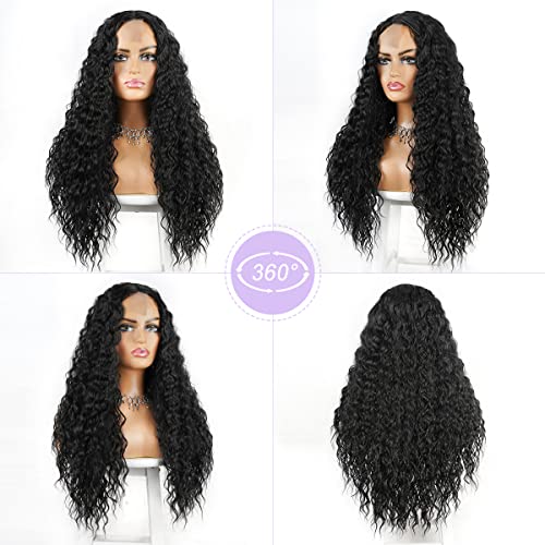 Halcyon Long Curly Wig for Black Women 26inch Synthetic Curly Wig Middle Part Wigs Hair Replacement Wigs (26inch, 1/Black)