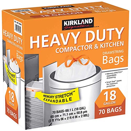 Kirkland Signature Compactor Bags, 18 Gallon, Smart Fit Gripping Drawstring, White, 1 Pack (70 Count)