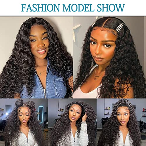 Aomllute Deep Wave Lace Front Wigs Human Hair 180% Density 24 Inch 13x4 HD Lace Frontal Human Hair Wigs for Women Glueless Wigs Human Hair Pre Plucked Wet and Wavy Lace Front Wigs Natural Black Color