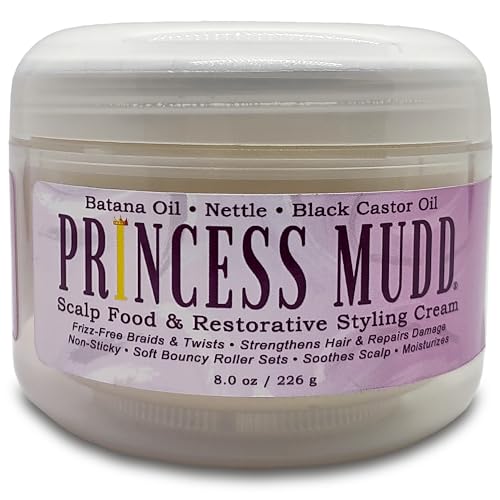 Princess Mudd Scalp Food and Moisturizing Styling Cream with Batana Oil and Jamaican Black Castor Oil for Hair Repair, Growth, Braids and Twists - 8 fl oz