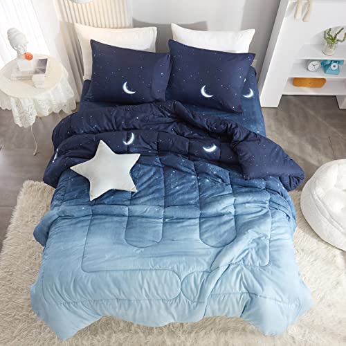 HYPREST Kids Twin Bed in A Bag Comforter Set with Sheets - 5 Pieces Twin Bedding Comforter Set for Girls Boys, Moon Star Blue Twin Bed Comforter Super Soft Lightweight Breathable(Oeko-Tex Certified)