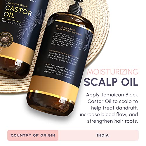 Brooklyn Botany Jamaican Black Castor Oil for Skin, Hair and Face – 100% Pure and Natural Body Oil and Hair Oil - Carrier Oil for Essential Oils, Aromatherapy and Massage Oil – 28 fl Oz