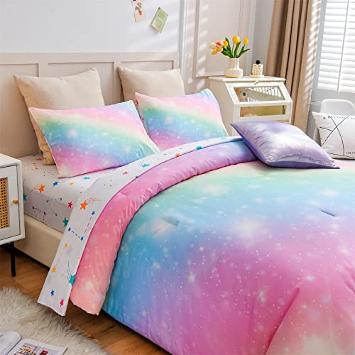 A Nice Night 6Pcs Gradient Glitter Bedding Set for Girls Twin Size, Colorful Rainbow Galaxy Comforter Set, Ultra Soft Bedding Sets, Pink