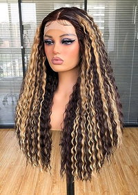 Annivia 26Inch Curly Lace Front Wigs,Honey Blonde Highlights Deep Wave Lace Front wig for Black Women,HD Glueless Lace Wigs Pre Plucked Afro Kinky Curly Synthetic Lace Frontal Wigs