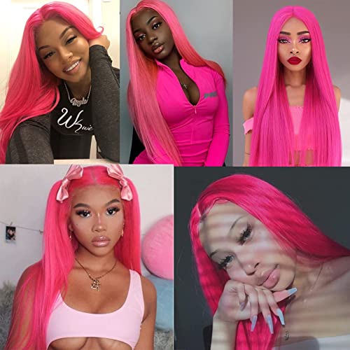 Luwigs Hot Pink Lace Front Wigs Synthetic Silky Straight Hair Replacement Wigs Heat Resistant for Women 22inch Natural Hairline