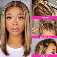 Superfect Highlight Lace Front Bob Wig Human Hair Ombre Honey Blonde 13x4 Hd Lace Front Wigs Human Hair Pre Plucked Middle Part 4/27 Colored Transparent Lace Frontal Wigs(12 Inch, 4/27 Highlight)