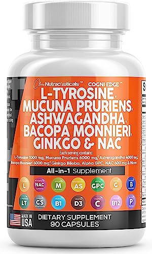 L-Tyrosine 1000mg Mucuna Pruriens 6000mg Bacopa Monnieri 500mg Ashwagandha 4000mg Focus Supplement with N-Acetyl Cysteine 600mg NAC 5-HTP Ginkgo Biloba Alpha GPC L Theanine Vitamin C D B1 B12 USA Made