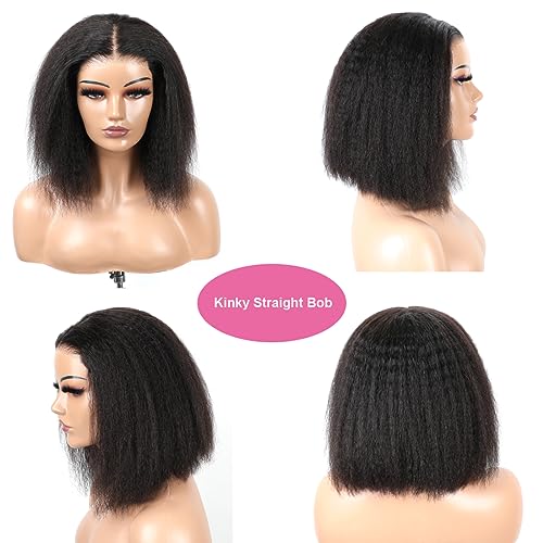 BLY 6x4 HD Lace Glueless Bob Wig Classic Yaki Human Hair Kinky Straight Hair Ready to Wear and Go Short Bob Lace Pre Cut Pre Plucked for Women Natural Black Color Hair 12 Inch