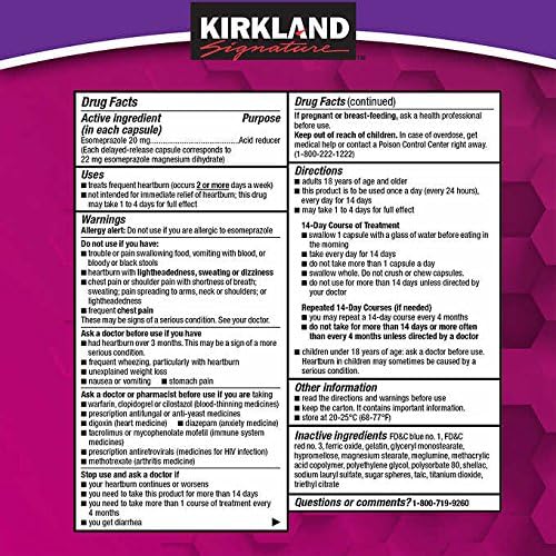 Kirkland Signature Esomeprazole Magnesium Acid Reducer 42 Capsules 20mg Delayed Release