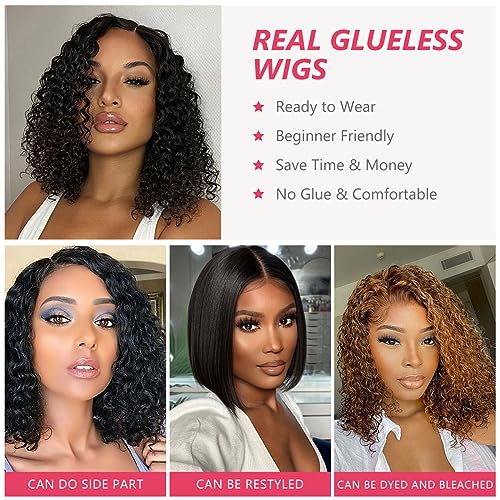 Smilegirl Wear and Go Glueless Wigs Pre Plucked Pre Cut 5x5 HD Lace Closure Wigs Ready to Wear Curly Bob Deep Wave Lace Front Wigs Human Hair Wigs for Black Women 200% Density (12 Inch)