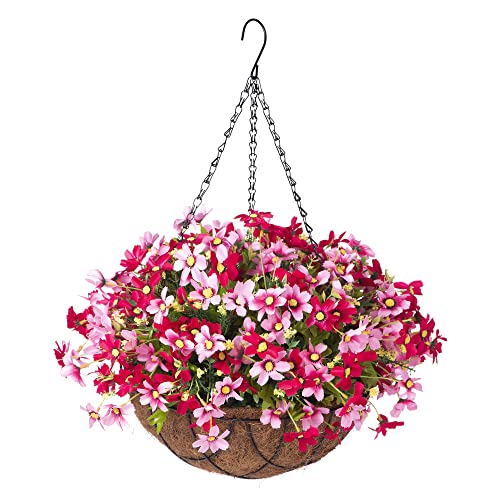 INXUGAO Artificial Hanging Flower with Basket for Home Courtyard Decoration, Artificial Silk Chrysanthemum Fake Plant Arrangement in 12 inch Coconut Lining Basket for Outdoors Indoors Decor(Red)