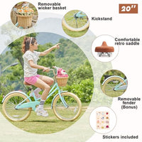 Glerc Little Molly 20 inch Kids Retro Cruiser Bike Bicycle for Girls Ages 7 8 9 10 11 12 13 Year Old with Wicker Basket & Lightweight & Kickstands & Bell for Birthday Gift Mint Green