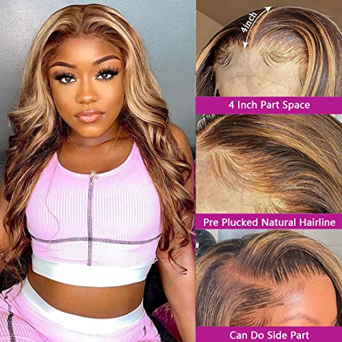 JR SMART Highlight Ombre Lace Front Wig Human Hair Pre Plucked 13x4 HD Transparent Honey Blonde Wigs with Baby Hair 4/27 150% Density Colored Body Wave Glueless Lace Front wig Human Hair for Women 20 Inch