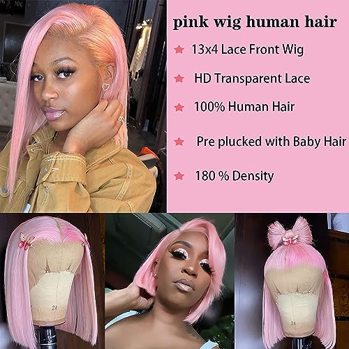 STERGT Pink Wig Human Hair 13X4 lace front Bob Wig Human Hair High Density Brazilian Virgin Hair Pre Plucked With Baby Hair Short Bob Wigs Human Hair Frontal Lace Wigs for Women (12 inch)