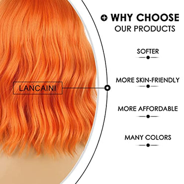 LANCAINI Wavy Wig With Bangs Women's Short Orange Wigs Curly Wavy Bob Synthetic Cosplay Wig for Girls Daily Use Colorful Wigs(12" Orange)