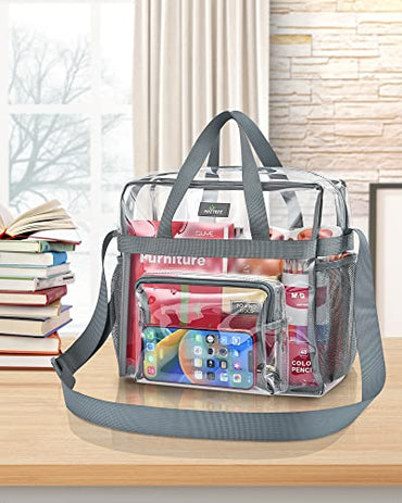 Clear Bag Stadium Approved 12×6×12, Clear Stadium Bag for Women and Men, Clear Tote Bag Stadium Approved for Festival Work Sport Event, Clear Lunch Bag with Non-Removable Strap - Grey